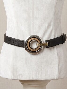 Chico's Black Belt with Silver & Gold Tone Circular Buckle Statement Belt Large